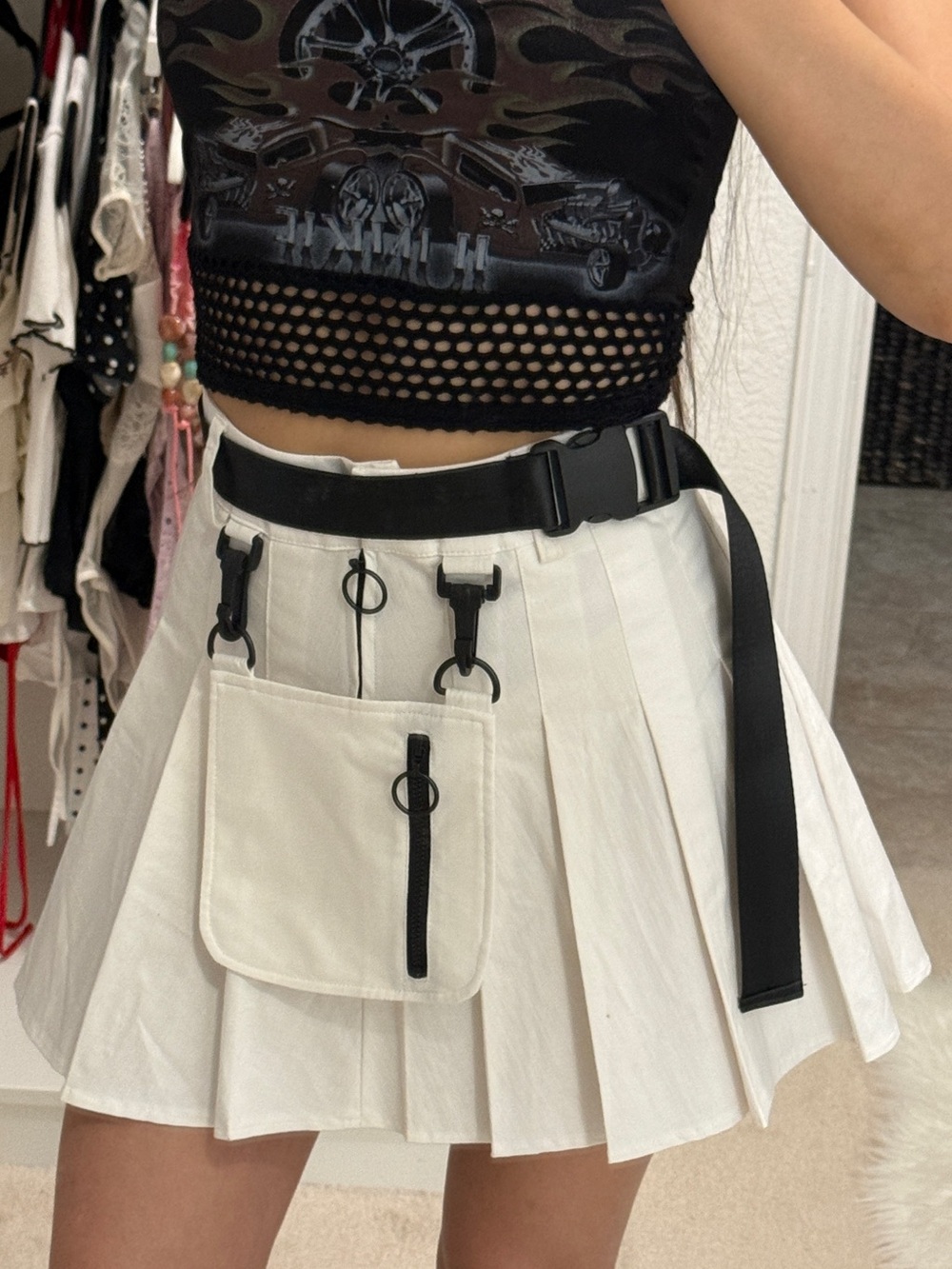 Dolls Kill Current Mood White Pleated Mini Skirt w Utility Pocket & Black Belt